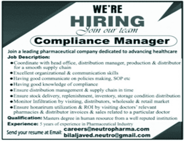 Compliance Manager Job in Pharmaceutical Company Lahore